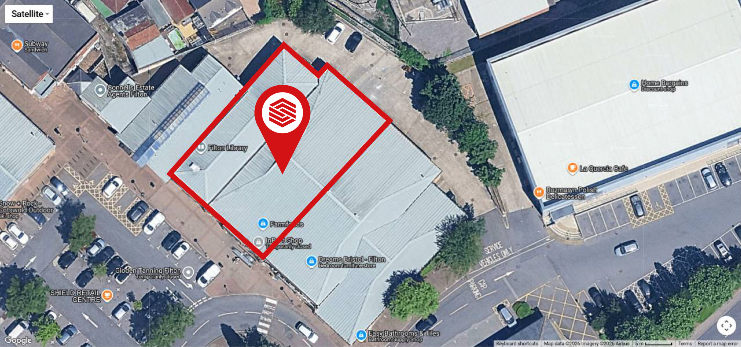 Aerial view of Shield Retail Centre, Bristol, marking the two units refurbished